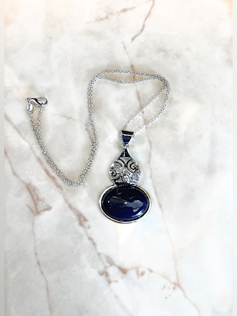 Silver Filigree Pendant Necklace with Midnight Blue Stone